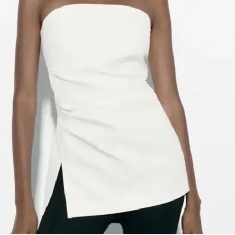 Zara White Longline/ Drop waist Strapless Ruched Top